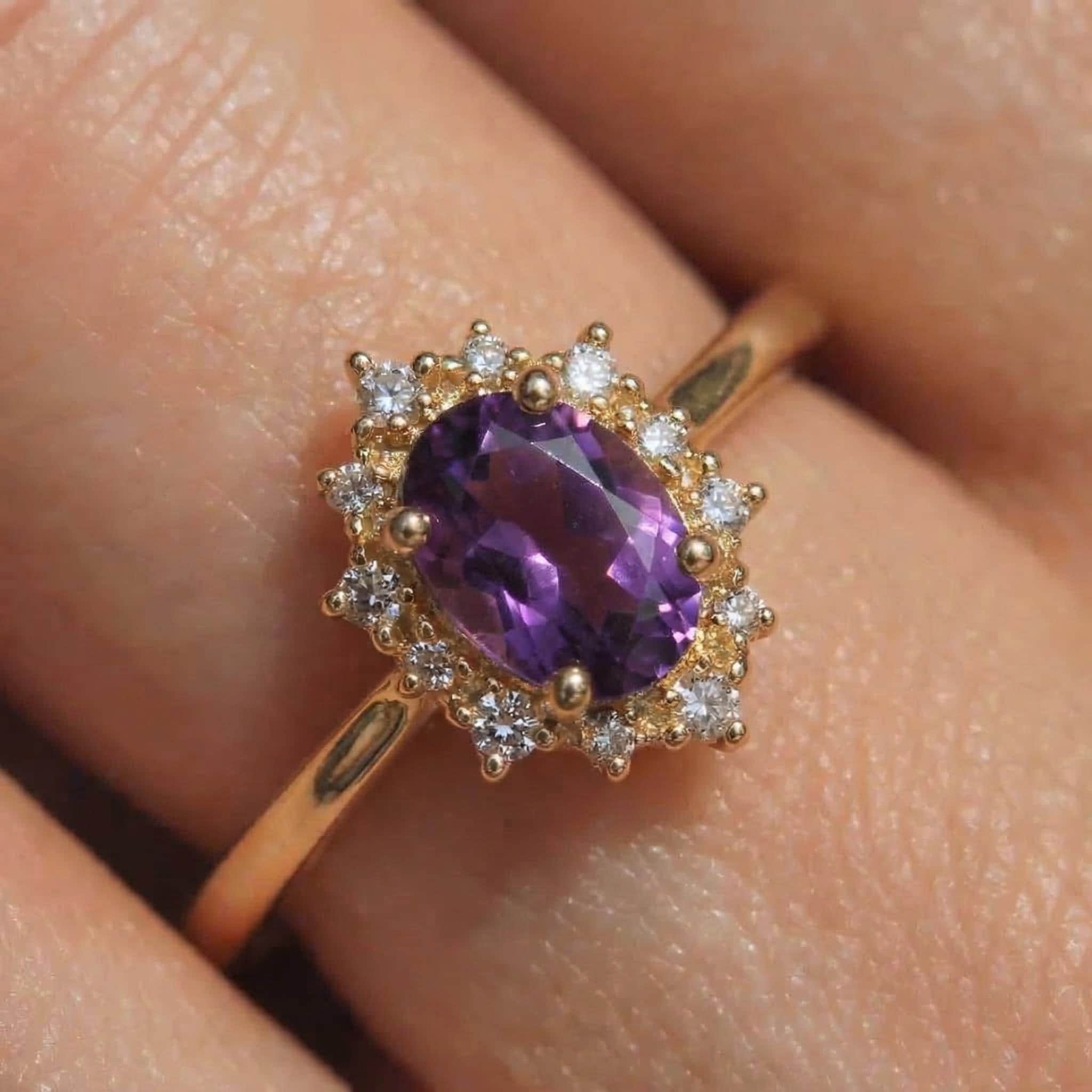 Amethyst Halo Engagement Ring, Vintage Oval Amethyst Wedding Ring, February Birthstone Gift, Promise Ring Gift for Women