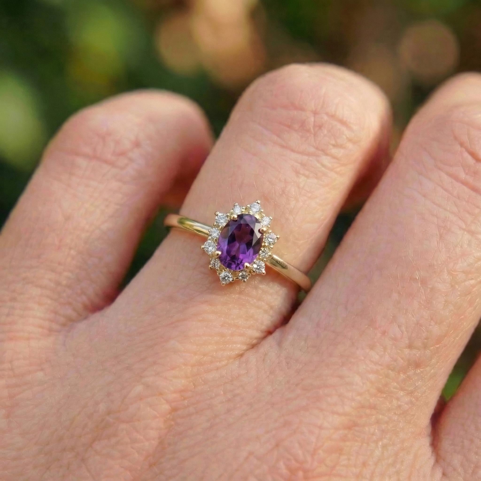 Amethyst Halo Engagement Ring, Vintage Oval Amethyst Wedding Ring, February Birthstone Gift, Promise Ring Gift for Women