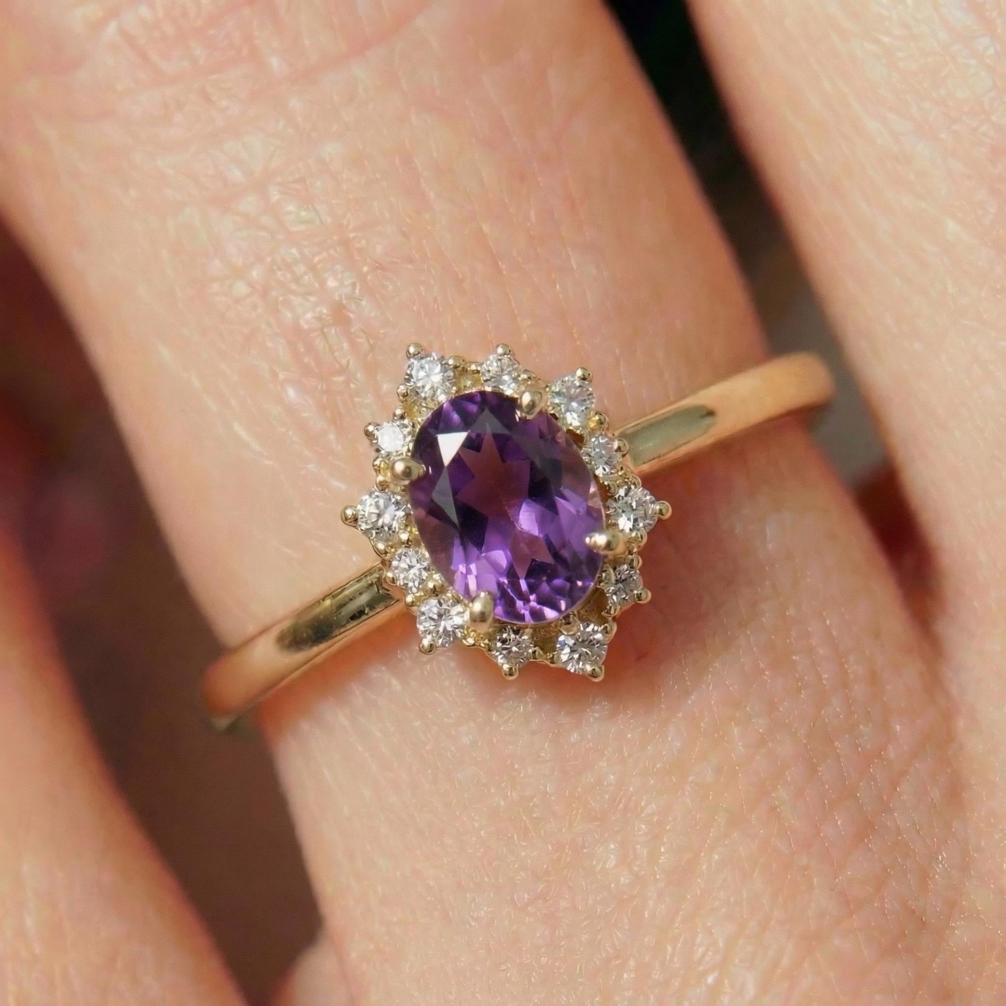 Amethyst Halo Engagement Ring, Vintage Oval Amethyst Wedding Ring, February Birthstone Gift, Promise Ring Gift for Women