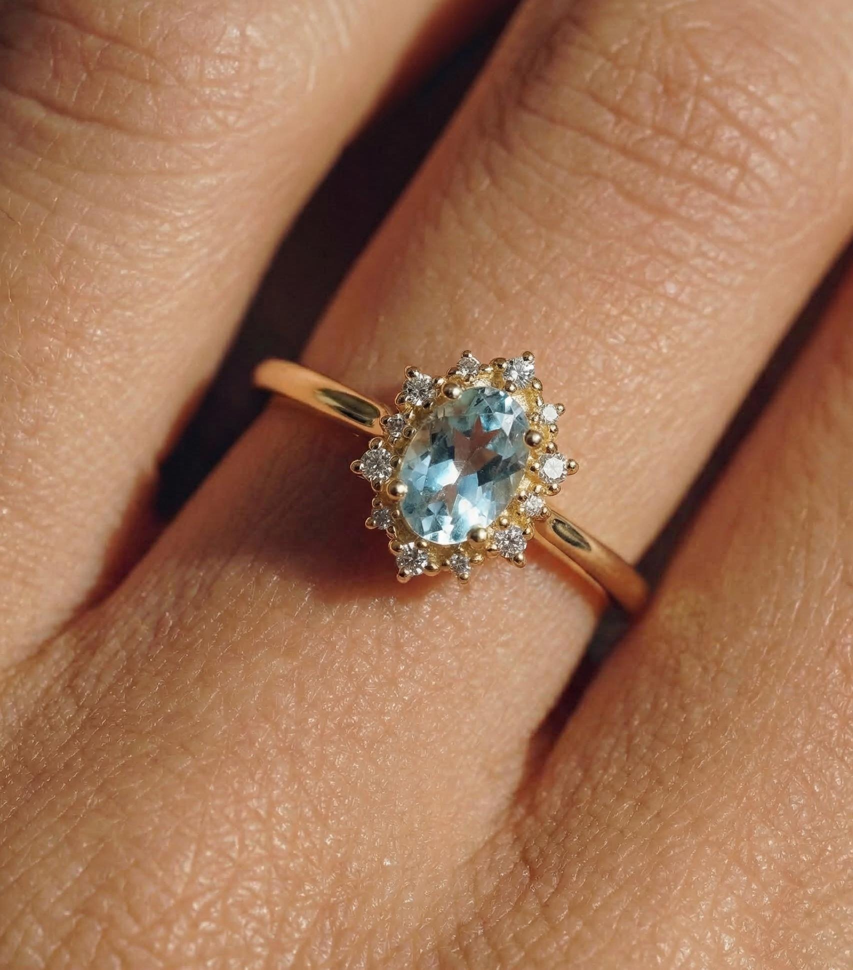 Aquamarine Halo Engagement Ring, Vintage Oval Aquamarine Wedding Ring, March Birthstone Gift, Promise Ring Gift for Women