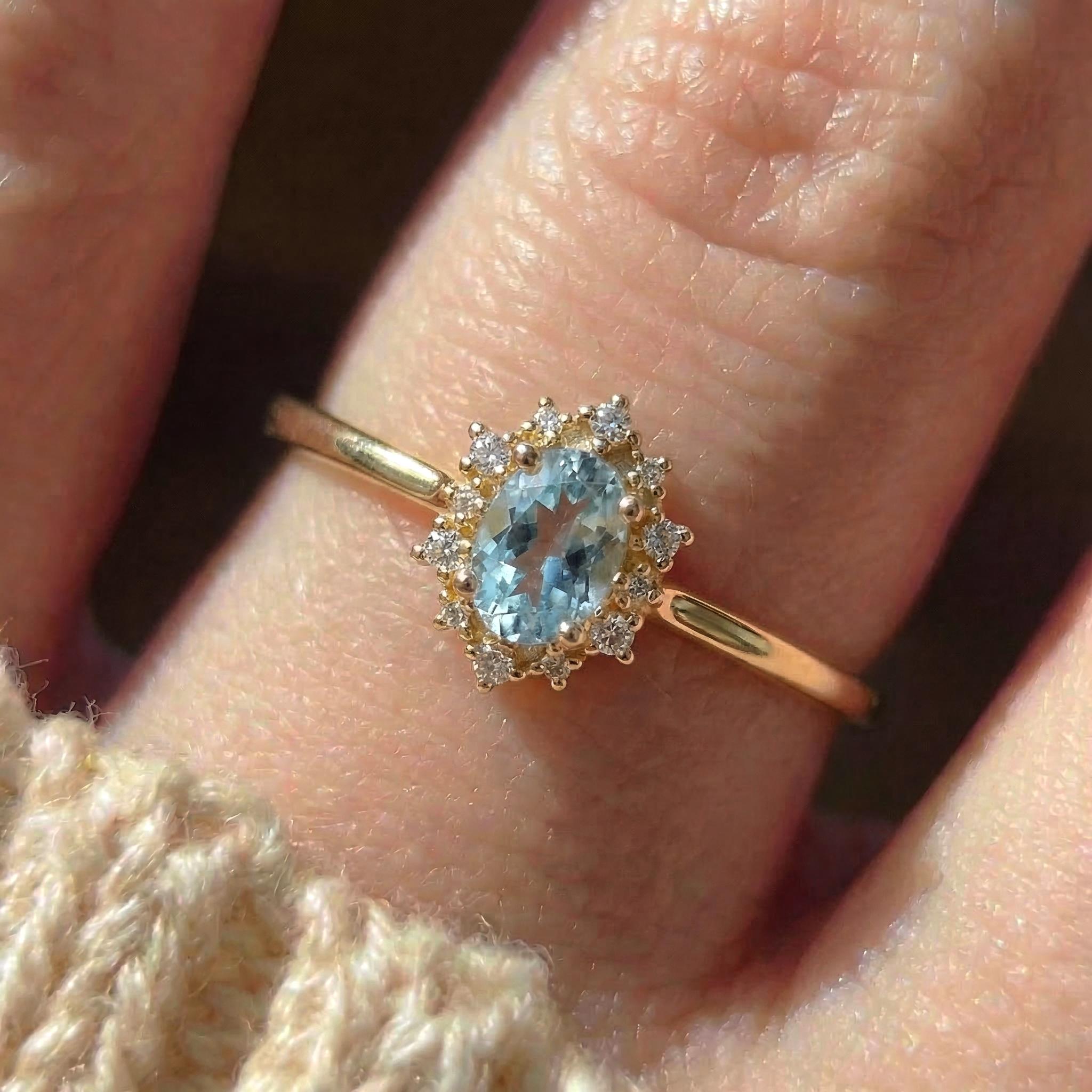 Aquamarine Halo Engagement Ring, Vintage Oval Aquamarine Wedding Ring, March Birthstone Gift, Promise Ring Gift for Women