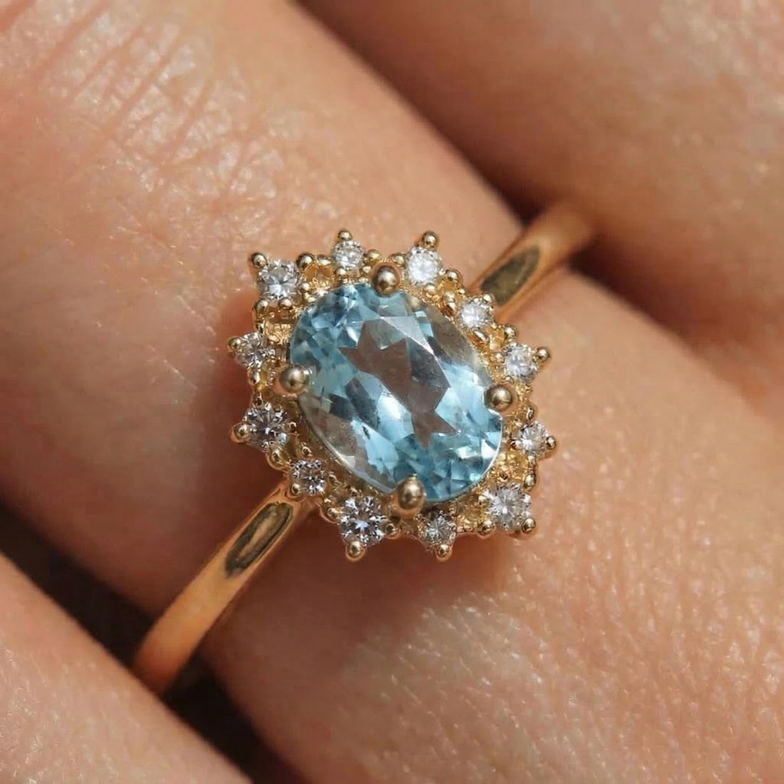 Aquamarine Halo Engagement Ring, Vintage Oval Aquamarine Wedding Ring, March Birthstone Gift, Promise Ring Gift for Women