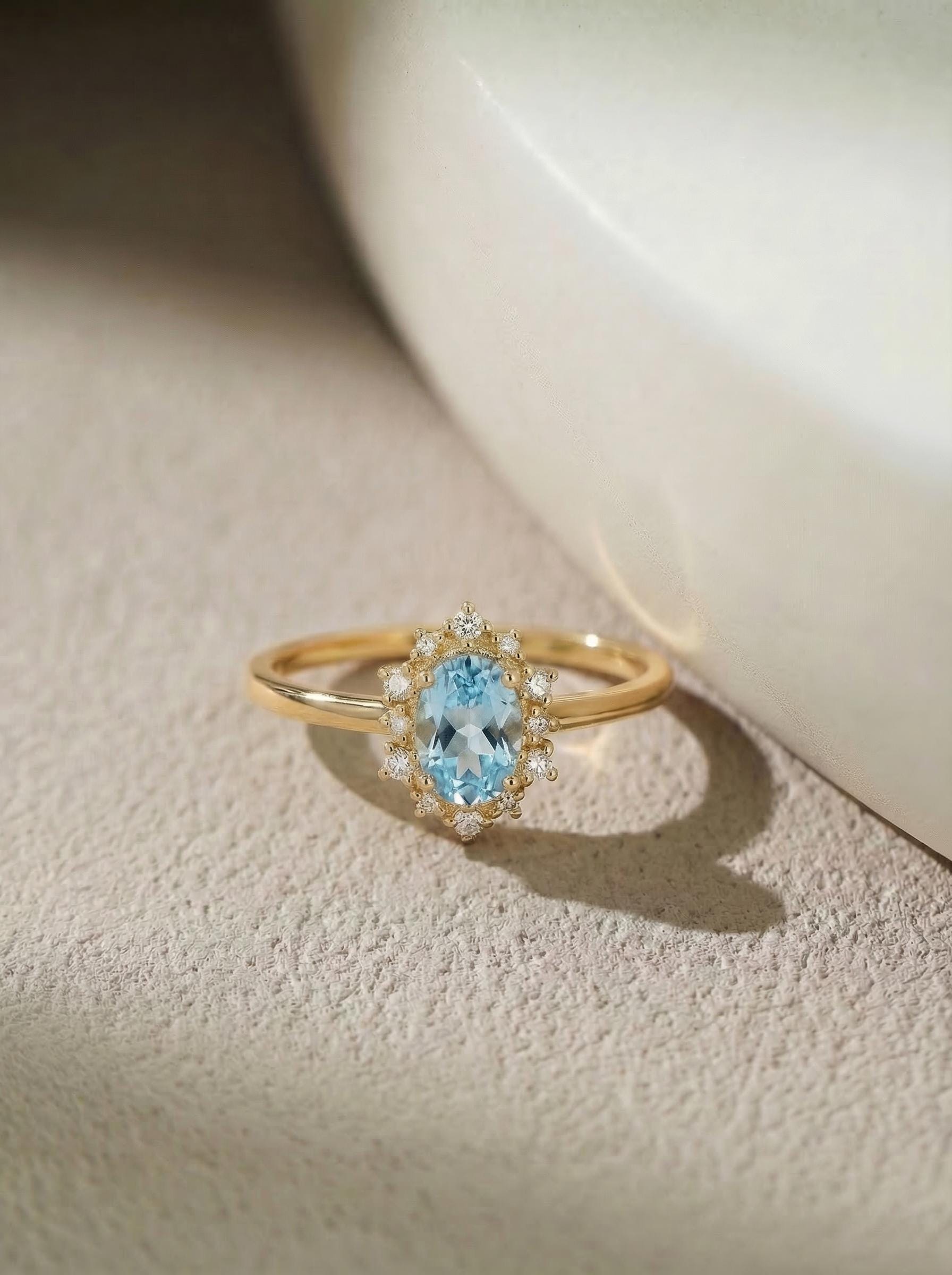 Aquamarine Halo Engagement Ring, Vintage Oval Aquamarine Wedding Ring, March Birthstone Gift, Promise Ring Gift for Women