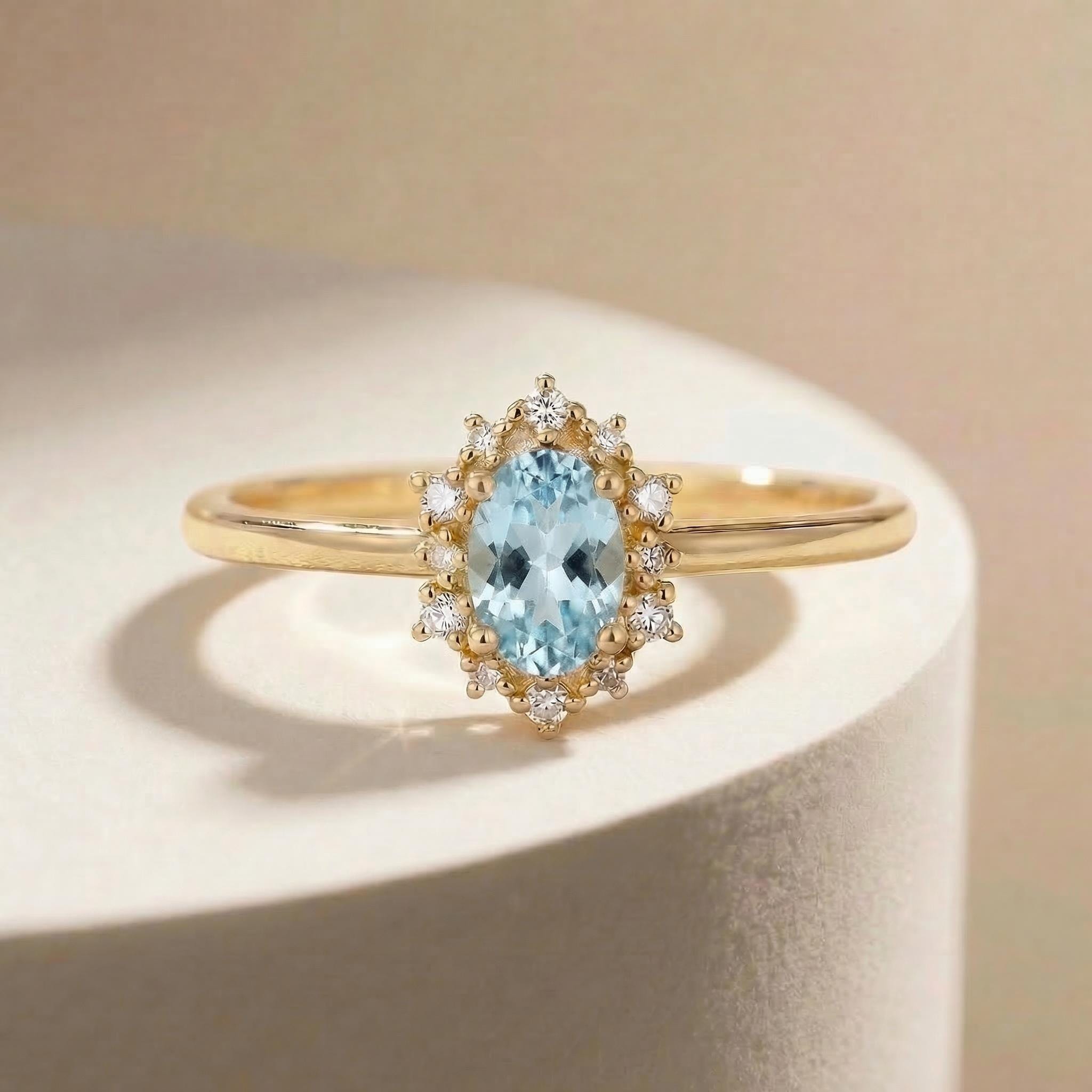Aquamarine Halo Engagement Ring, Vintage Oval Aquamarine Wedding Ring, March Birthstone Gift, Promise Ring Gift for Women