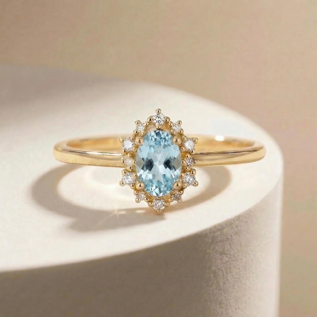 Aquamarine Halo Engagement Ring, Vintage Oval Aquamarine Wedding Ring, March Birthstone Gift, Promise Ring Gift for Women