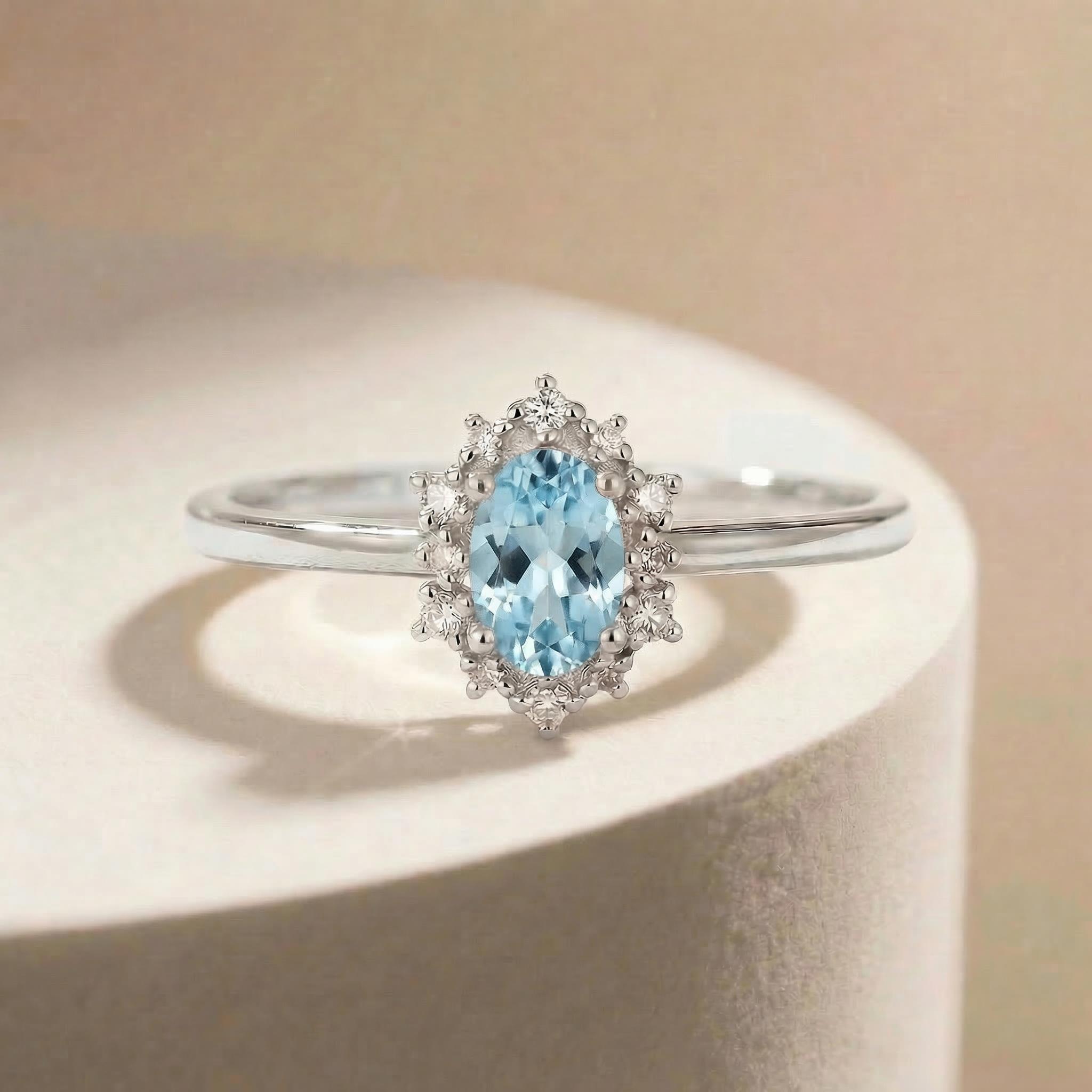 Aquamarine Halo Engagement Ring, Vintage Oval Aquamarine Wedding Ring, March Birthstone Gift, Promise Ring Gift for Women