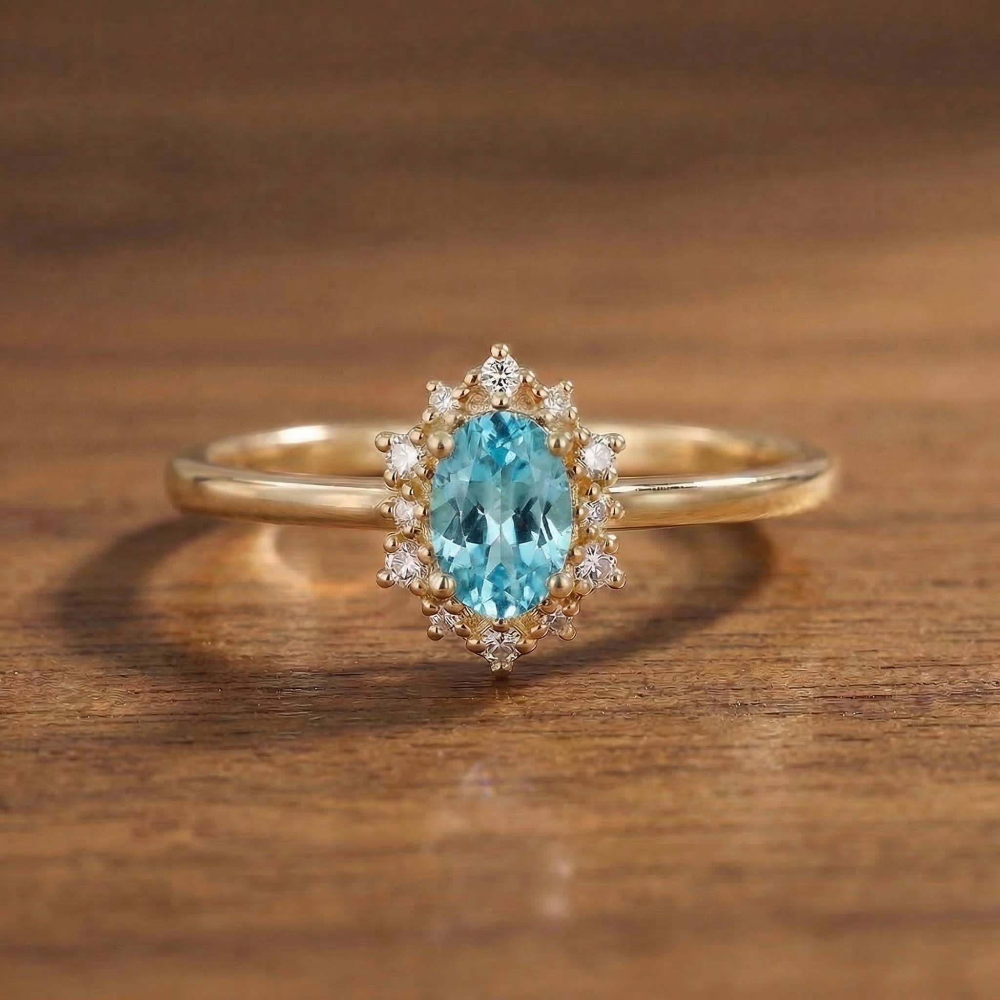Aquamarine Halo Engagement Ring, Vintage Oval Aquamarine Wedding Ring, March Birthstone Gift, Promise Ring Gift for Women