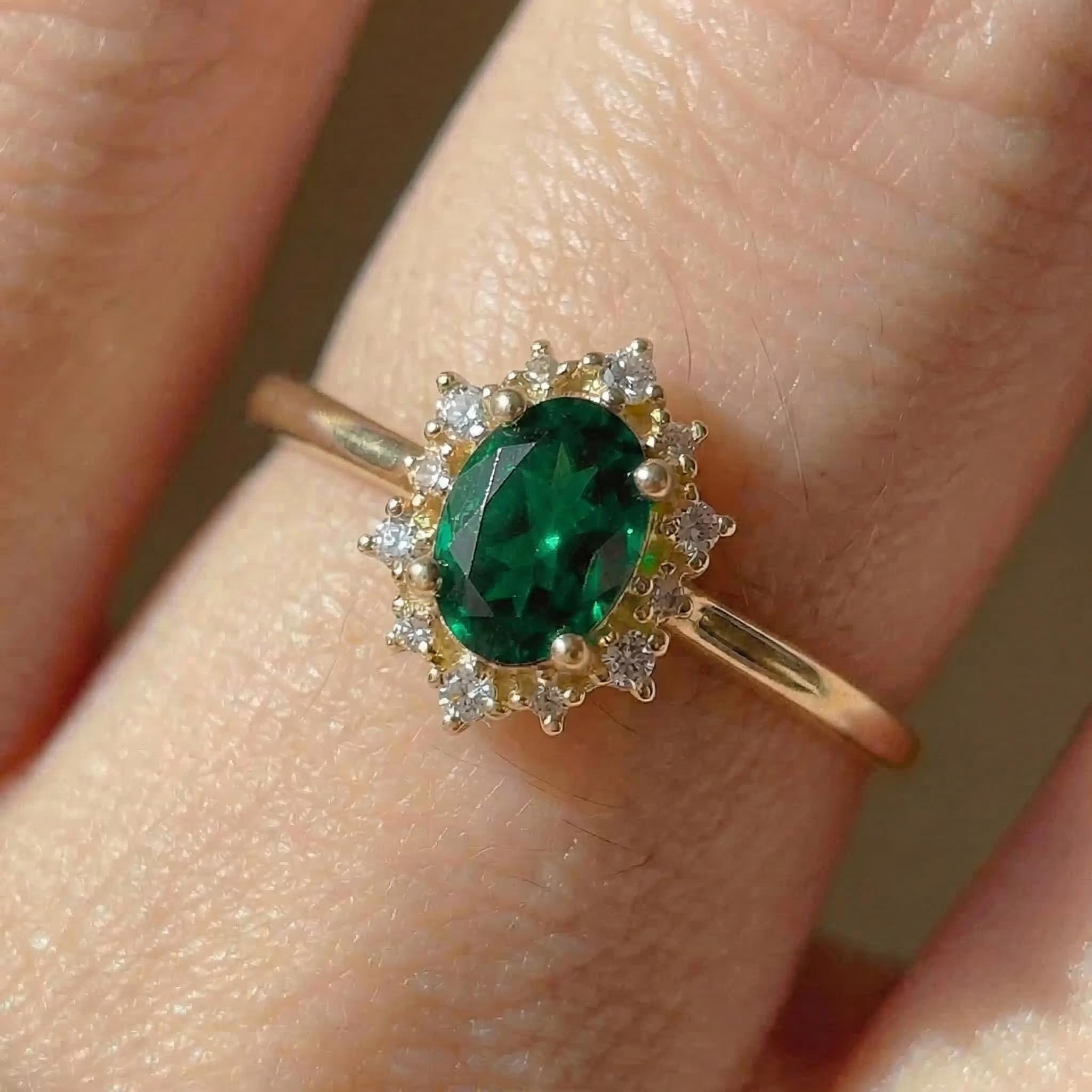 Oval Emerald Engagement Ring, Vintage Cluster Halo Promise Ring, Custom Gemstone Wedding Jewelry, May Birthstone