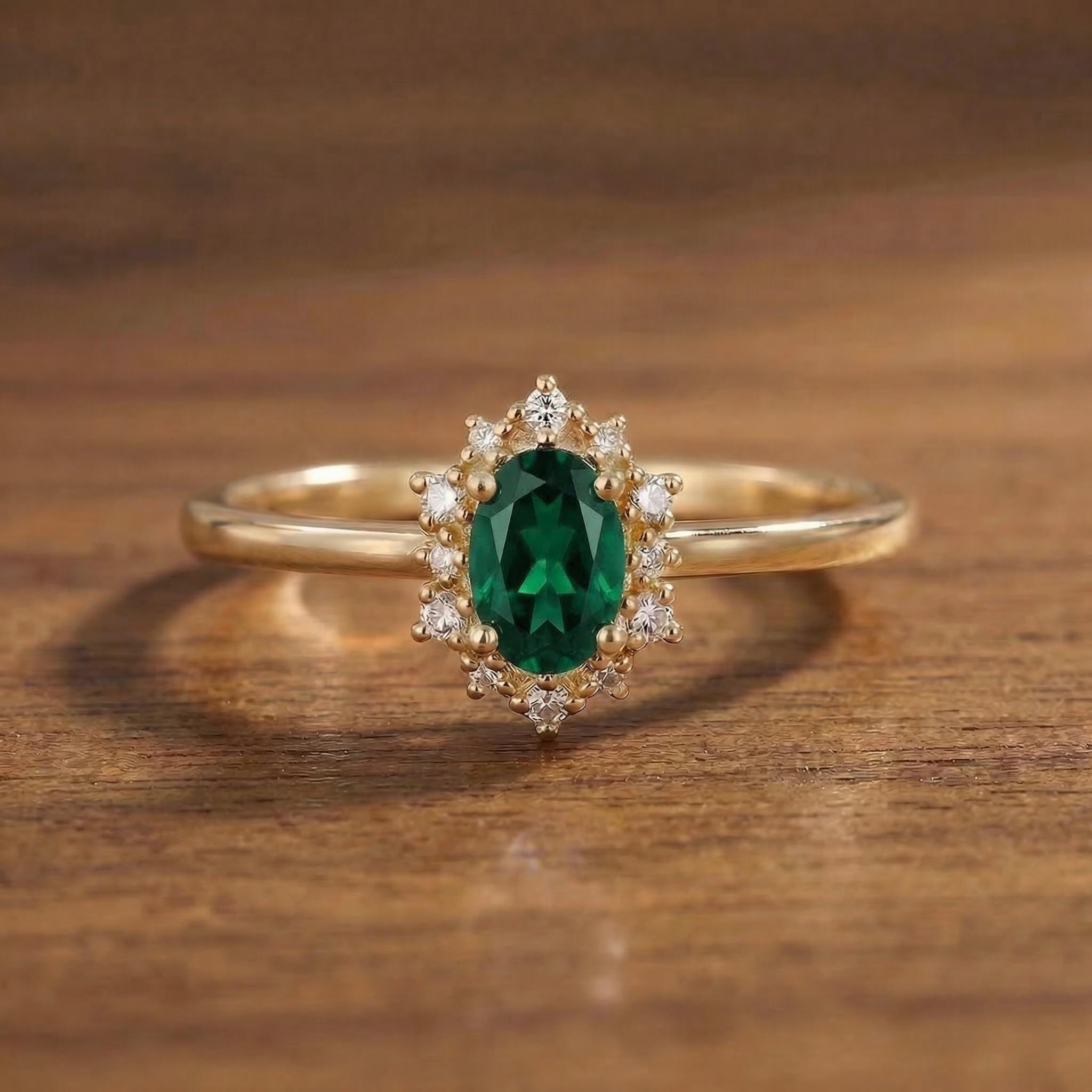 Oval Emerald Engagement Ring, Vintage Cluster Halo Promise Ring, Custom Gemstone Wedding Jewelry, May Birthstone