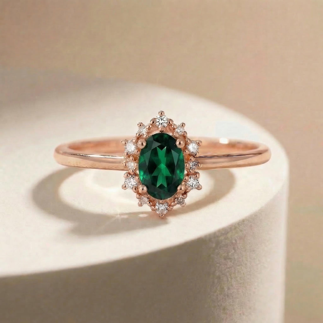 Oval Emerald Engagement Ring, Vintage Cluster Halo Promise Ring, Custom Gemstone Wedding Jewelry, May Birthstone