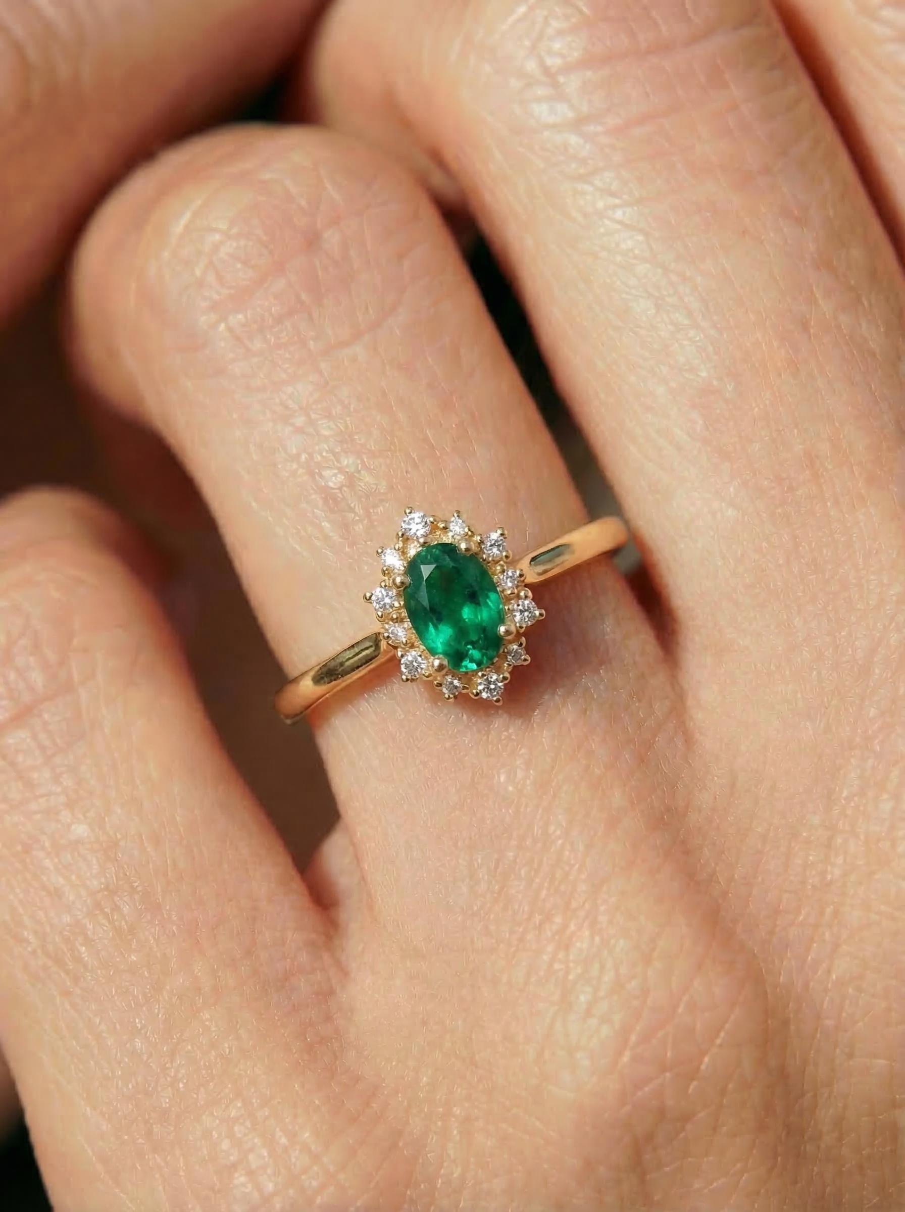 Oval Emerald Engagement Ring, Vintage Cluster Halo Promise Ring, Custom Gemstone Wedding Jewelry, May Birthstone