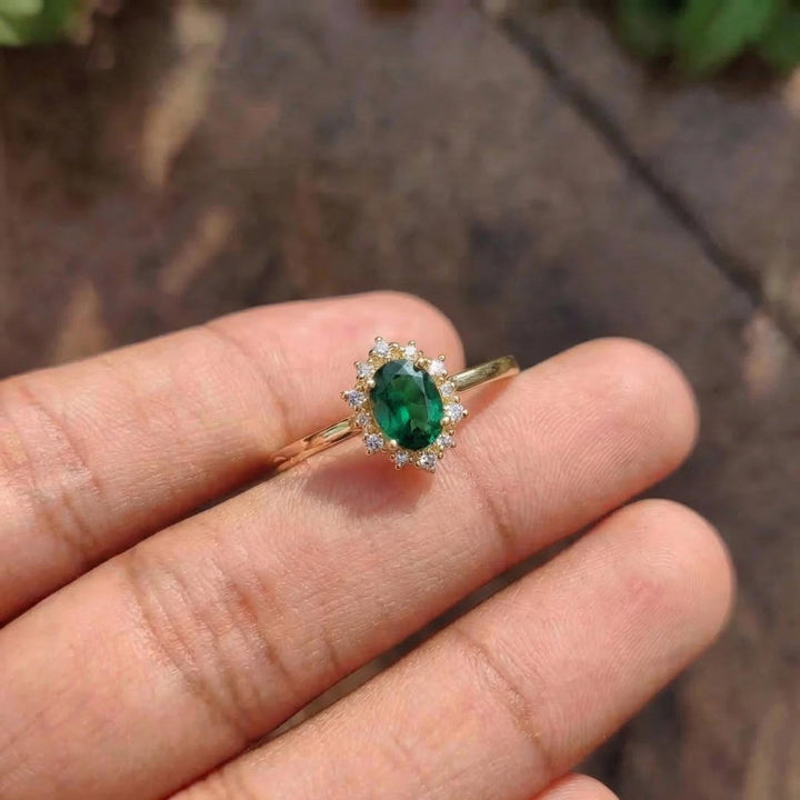 Oval Emerald Engagement Ring, Vintage Cluster Halo Promise Ring, Custom Gemstone Wedding Jewelry, May Birthstone