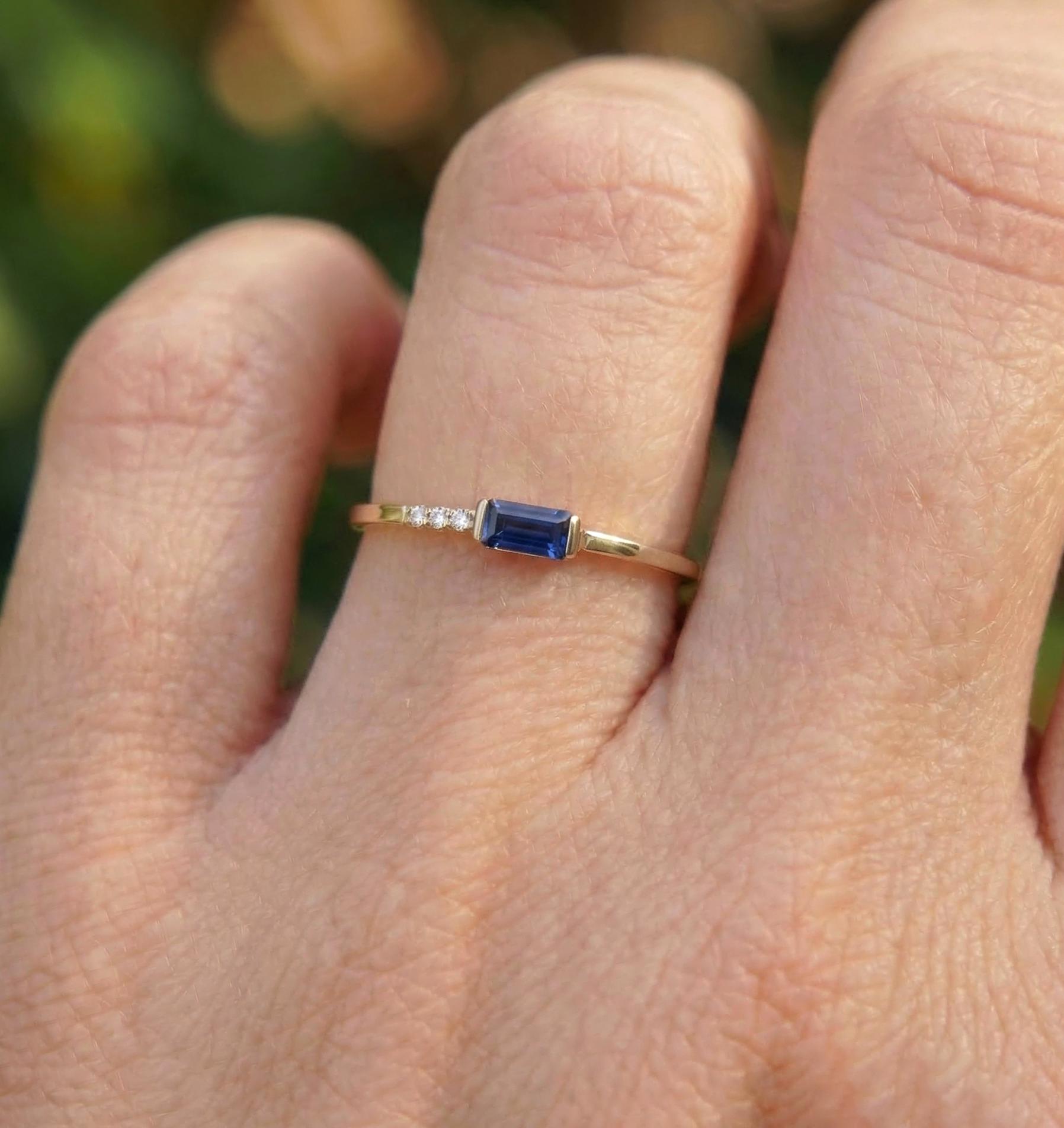 Dainty Baguette Sapphire Ring with Diamonds, 14K Gold Minimalist Stacking Ring, Delicate Blue Gemstone Engagement Ring, September Birthstone