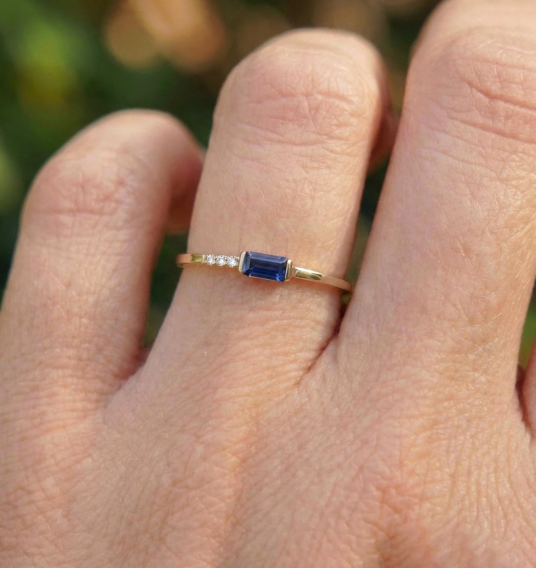 Dainty Baguette Sapphire Ring with Diamonds, 14K Gold Minimalist Stacking Ring, Delicate Blue Gemstone Engagement Ring, September Birthstone