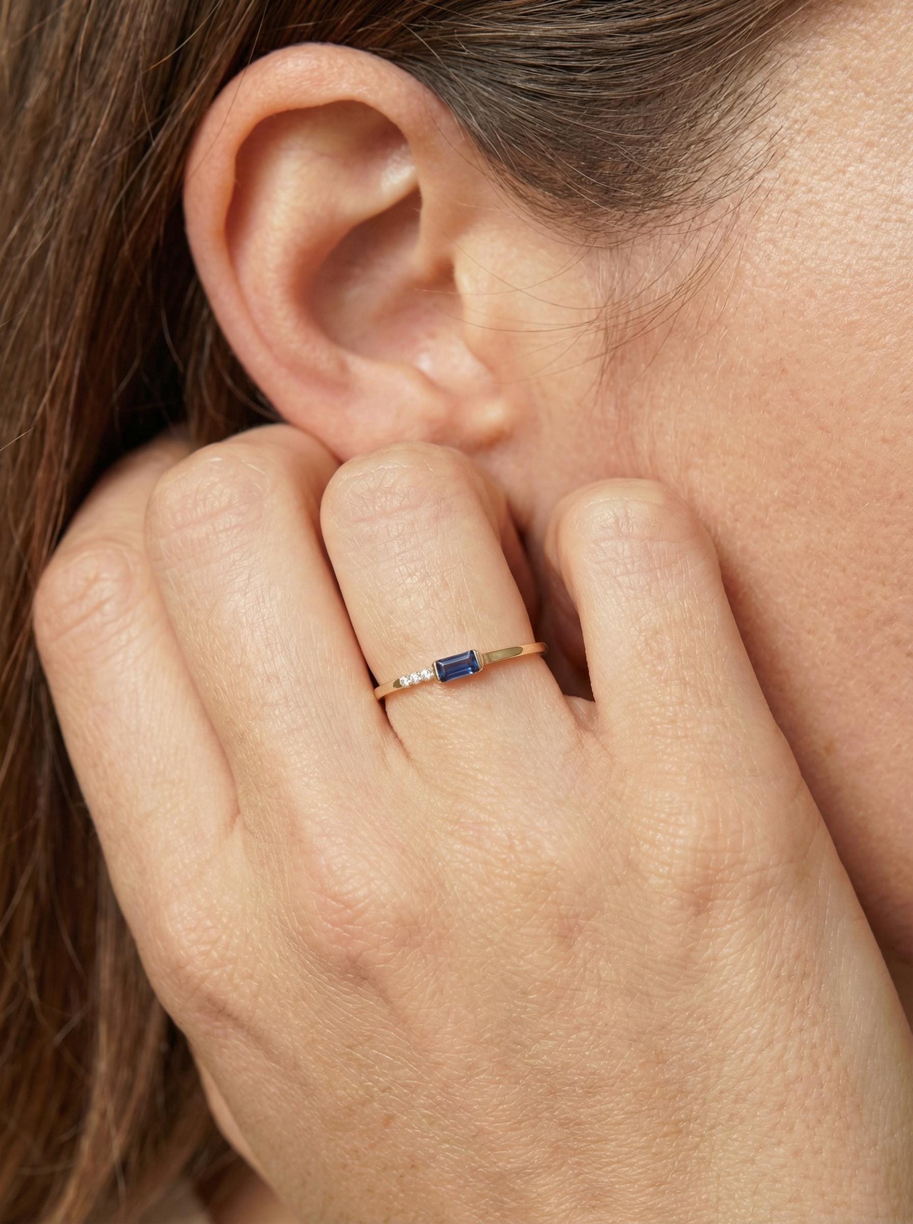 Dainty Baguette Sapphire Ring with Diamonds, 14K Gold Minimalist Stacking Ring, Delicate Blue Gemstone Engagement Ring, September Birthstone