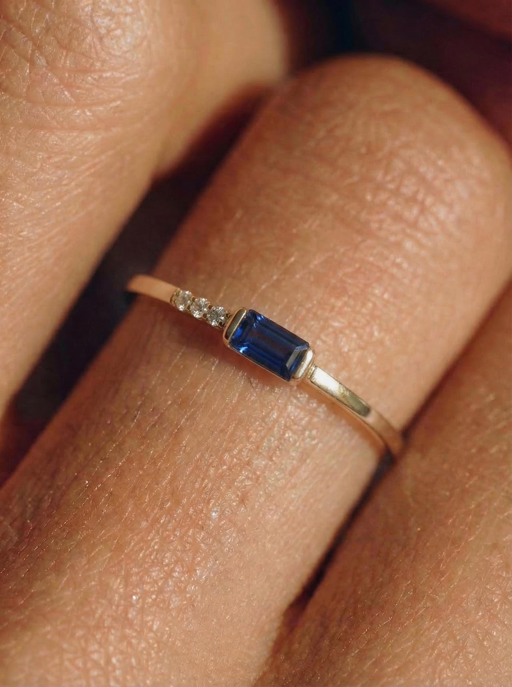 Dainty Baguette Sapphire Ring with Diamonds, 14K Gold Minimalist Stacking Ring, Delicate Blue Gemstone Engagement Ring, September Birthstone