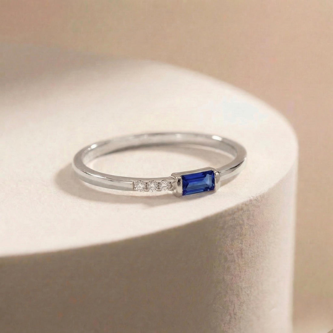 Dainty Baguette Sapphire Ring with Diamonds, 14K Gold Minimalist Stacking Ring, Delicate Blue Gemstone Engagement Ring, September Birthstone