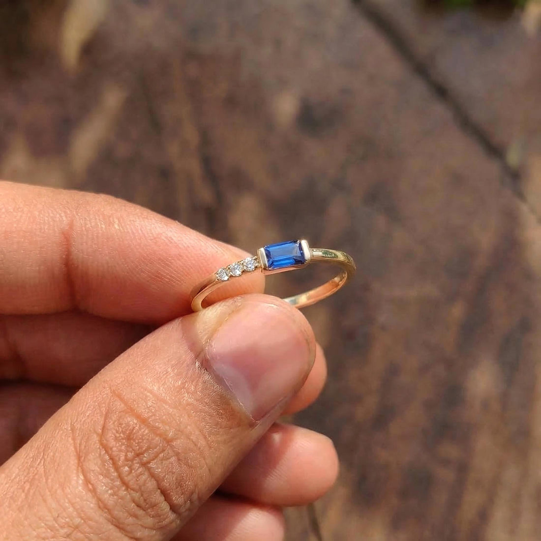 Dainty Baguette Sapphire Ring with Diamonds, 14K Gold Minimalist Stacking Ring, Delicate Blue Gemstone Engagement Ring, September Birthstone