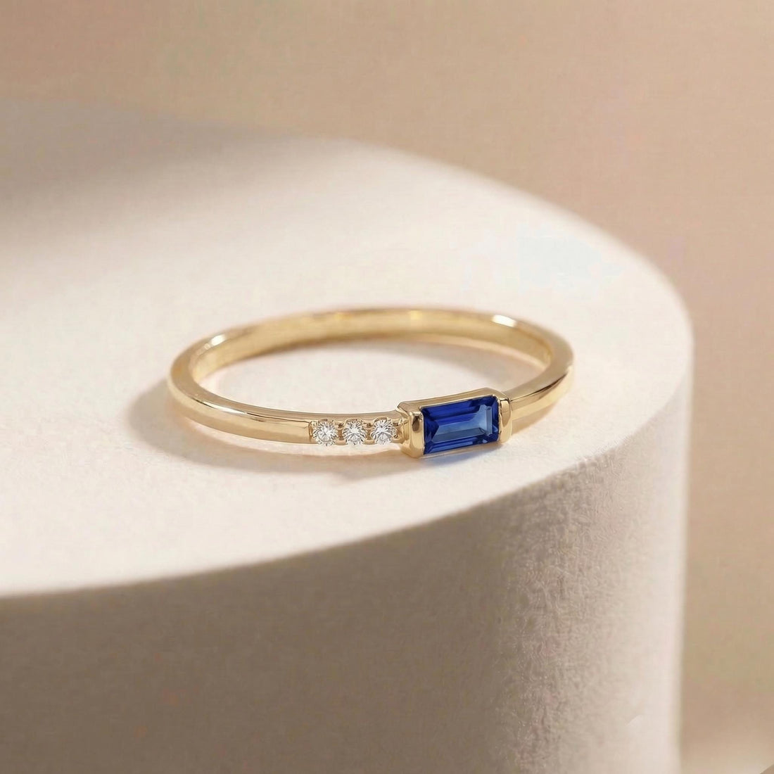 Dainty Baguette Sapphire Ring with Diamonds, 14K Gold Minimalist Stacking Ring, Delicate Blue Gemstone Engagement Ring, September Birthstone