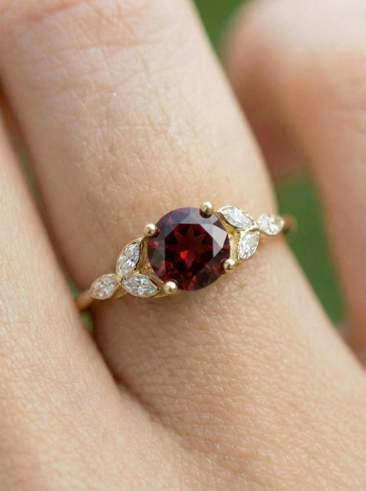 Art Deco Garnet Cluster Engagement Ring, January Birthstone Ring, Round Marquise Garnet Promise Ring, Anniversary Gift for Her