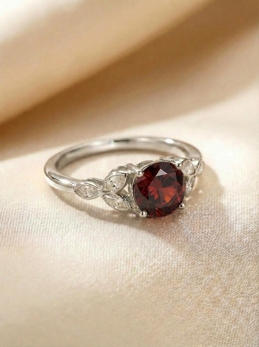 Art Deco Garnet Cluster Engagement Ring, January Birthstone Ring, Round Marquise Garnet Promise Ring, Anniversary Gift for Her