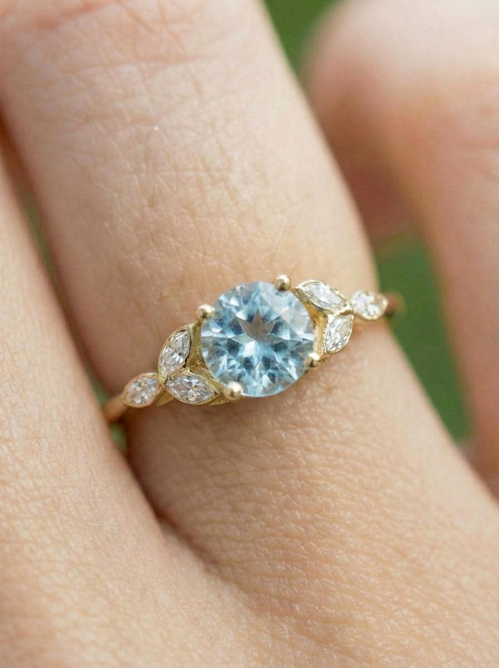 Art Deco Aquamarine Cluster Engagement Ring, March Birthstone Ring, Round Marquise Aquamarine Anniversary Promise Ring