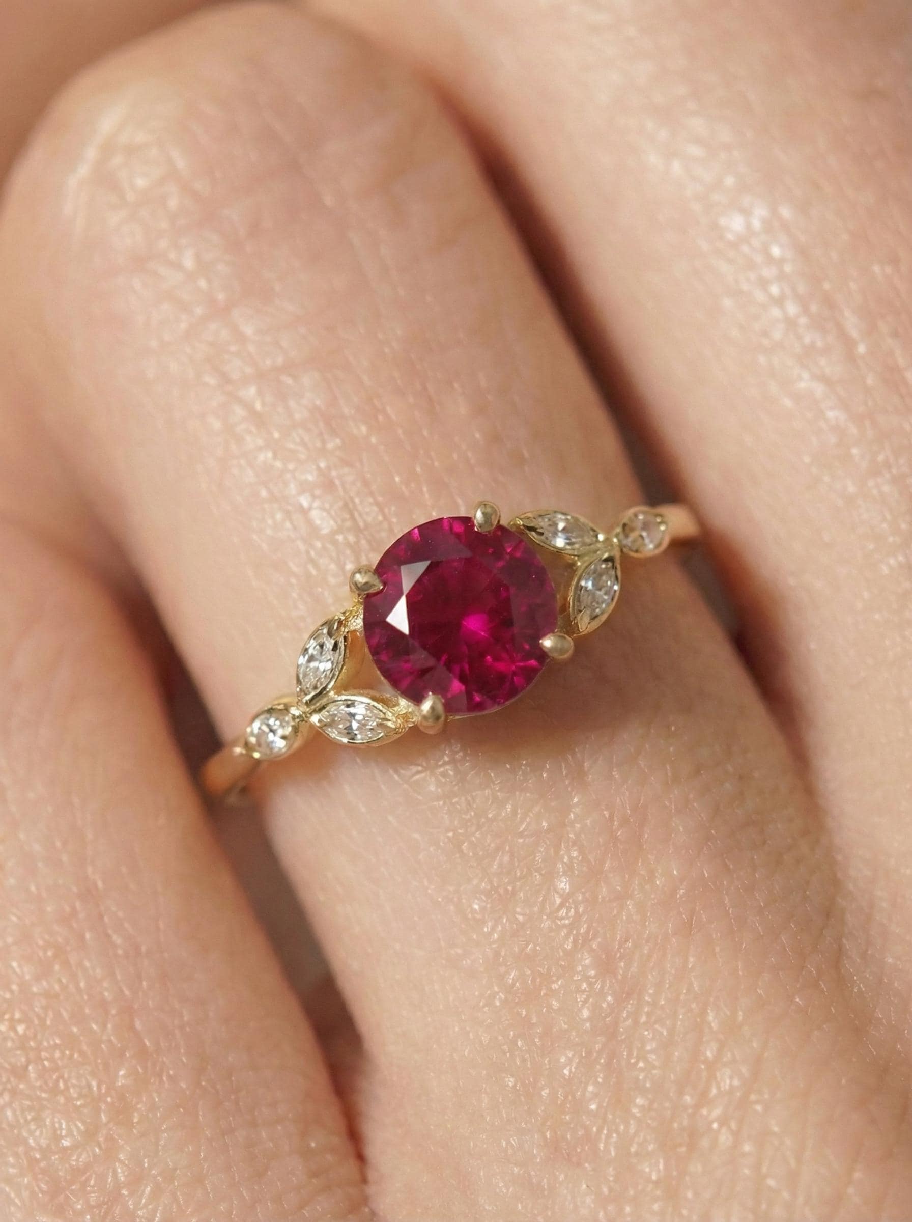 Art Deco Ruby Cluster Engagement Ring, July Birthstone Ring, Round Ruby Marquise Bridal Promise Ring, Anniversary Gift for Her