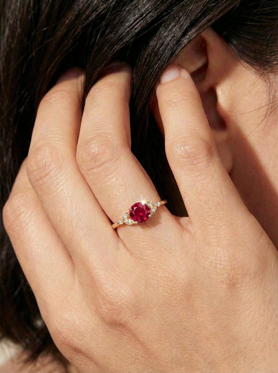 Art Deco Ruby Cluster Engagement Ring, July Birthstone Ring, Round Ruby Marquise Bridal Promise Ring, Anniversary Gift for Her