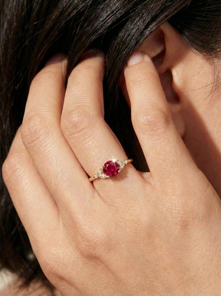 Art Deco Ruby Cluster Engagement Ring, July Birthstone Ring, Round Ruby Marquise Bridal Promise Ring, Anniversary Gift for Her