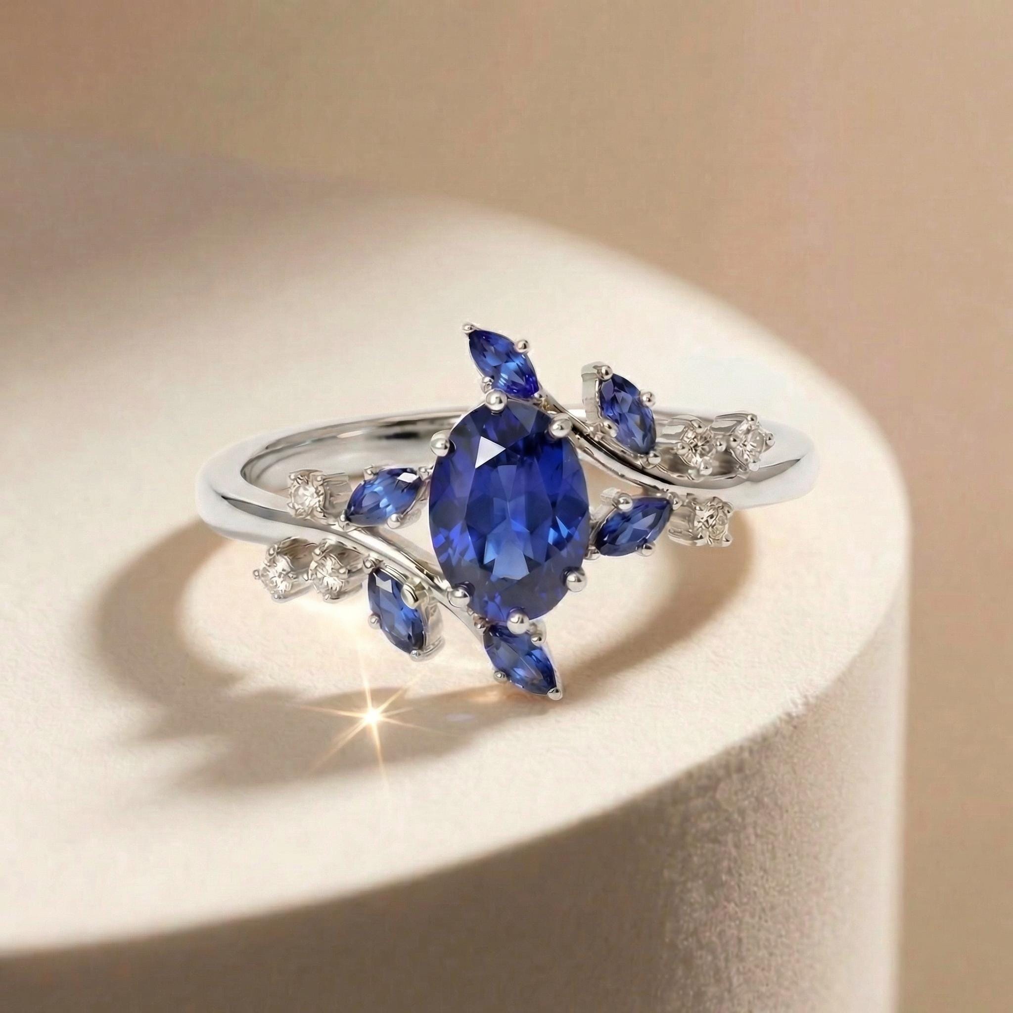 Nature Inspired Oval Blue Sapphire Ring | Marquise Sapphire & Diamond Gold Ring | Unique Floral Engagement Anniversary Gift Fine Jewelry