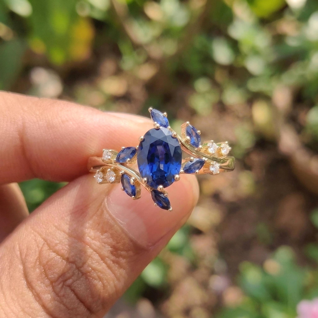 Nature Inspired Oval Blue Sapphire Ring | Marquise Sapphire & Diamond Gold Ring | Unique Floral Engagement Anniversary Gift Fine Jewelry