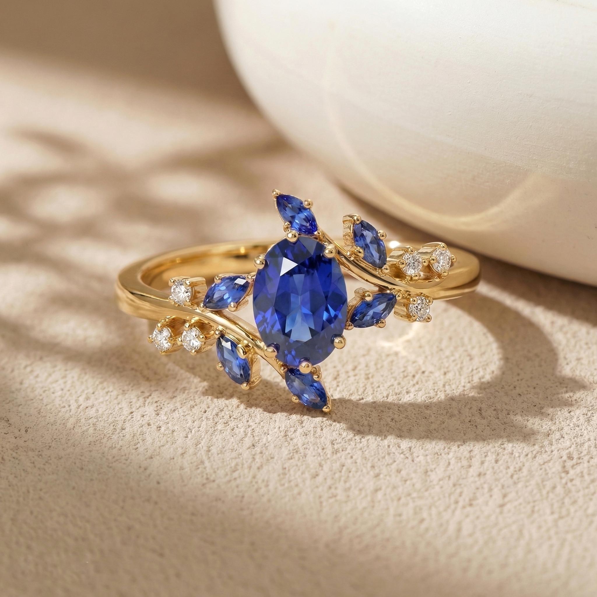 Nature Inspired Oval Blue Sapphire Ring | Marquise Sapphire & Diamond Gold Ring | Unique Floral Engagement Anniversary Gift Fine Jewelry