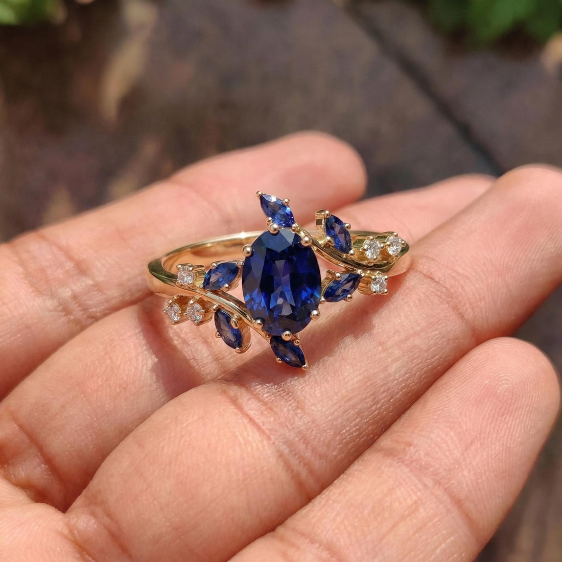 Nature Inspired Oval Blue Sapphire Ring | Marquise Sapphire & Diamond Gold Ring | Unique Floral Engagement Anniversary Gift Fine Jewelry