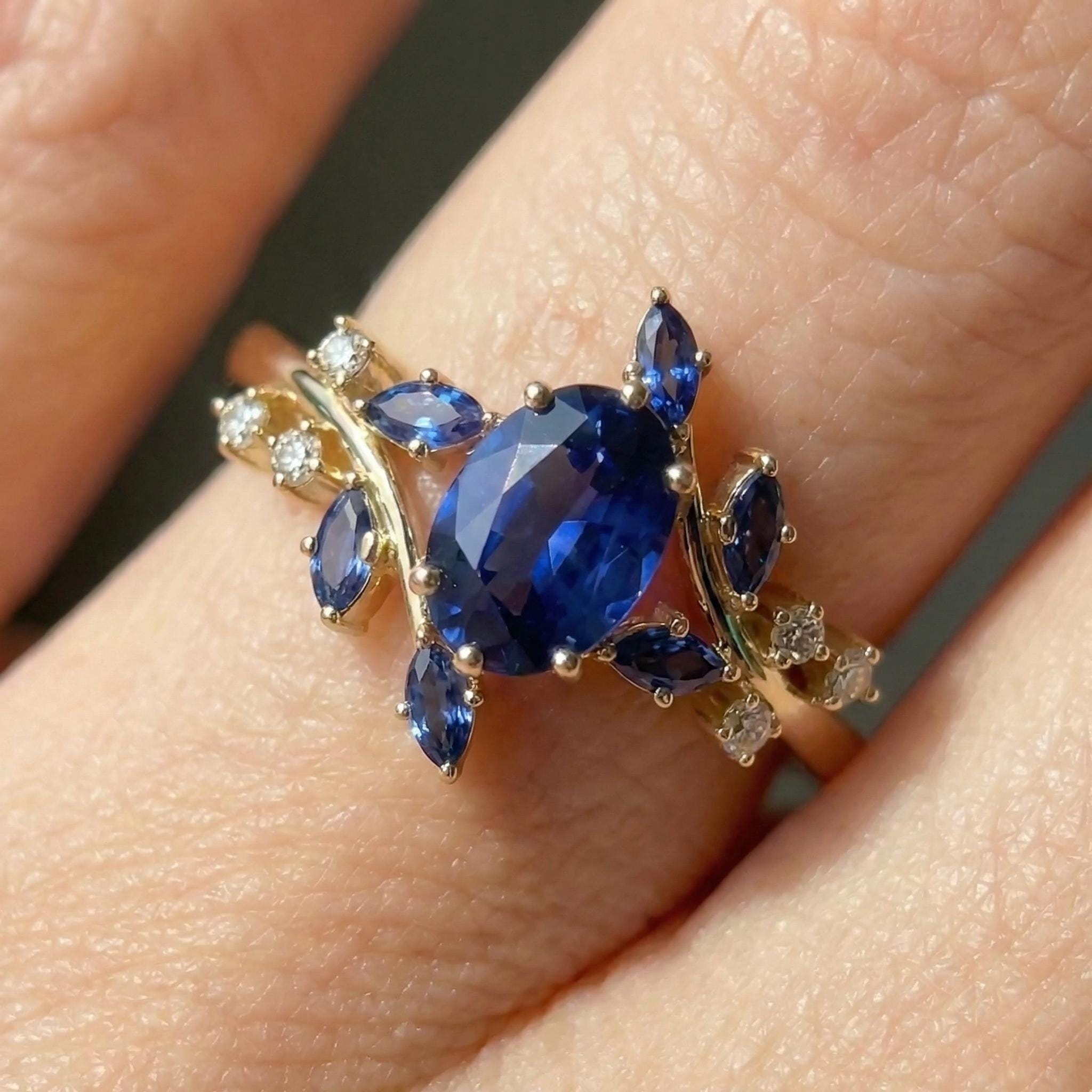 Nature Inspired Oval Blue Sapphire Ring | Marquise Sapphire & Diamond Gold Ring | Unique Floral Engagement Anniversary Gift Fine Jewelry