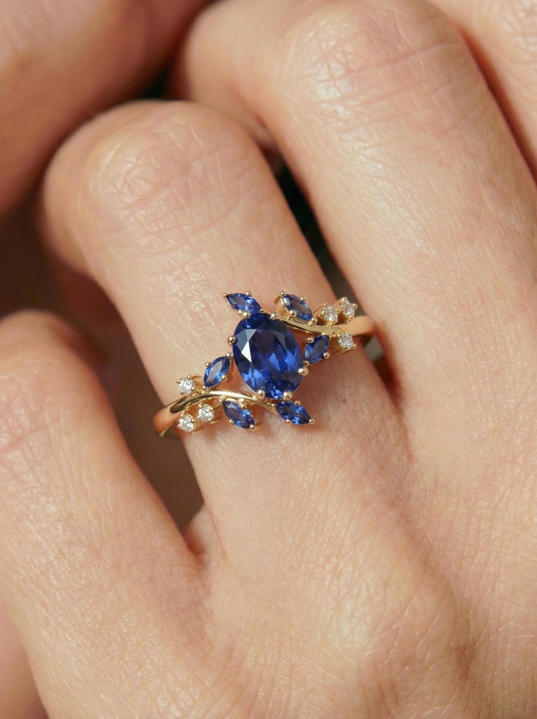Nature Inspired Oval Blue Sapphire Ring | Marquise Sapphire & Diamond Gold Ring | Unique Floral Engagement Anniversary Gift Fine Jewelry