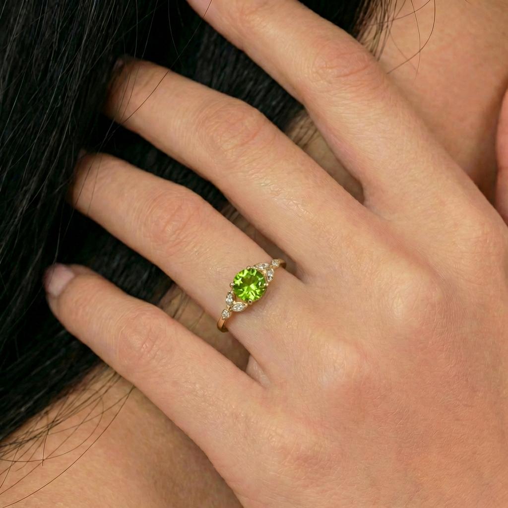 Art Deco Peridot Cluster Engagement Ring, August Birthstone Ring, Round Peridot and Marquise Anniversary Ring, Bridal Promise Ring