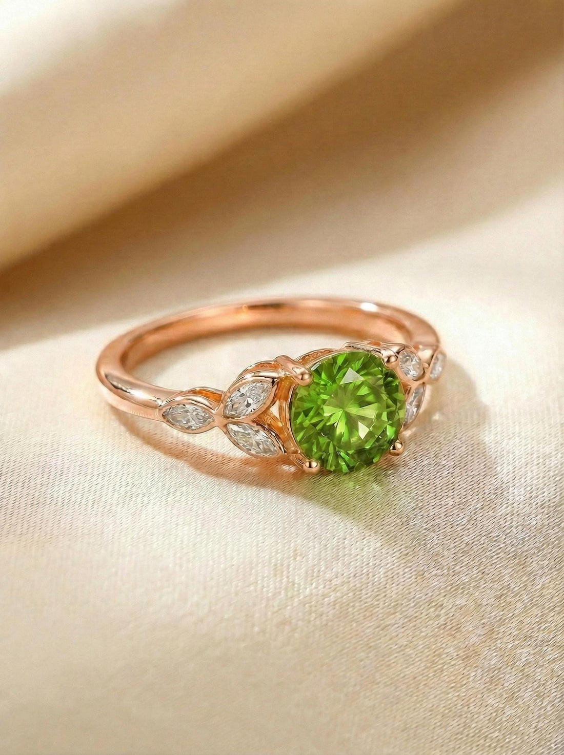 Art Deco Peridot Cluster Engagement Ring, August Birthstone Ring, Round Peridot and Marquise Anniversary Ring, Bridal Promise Ring