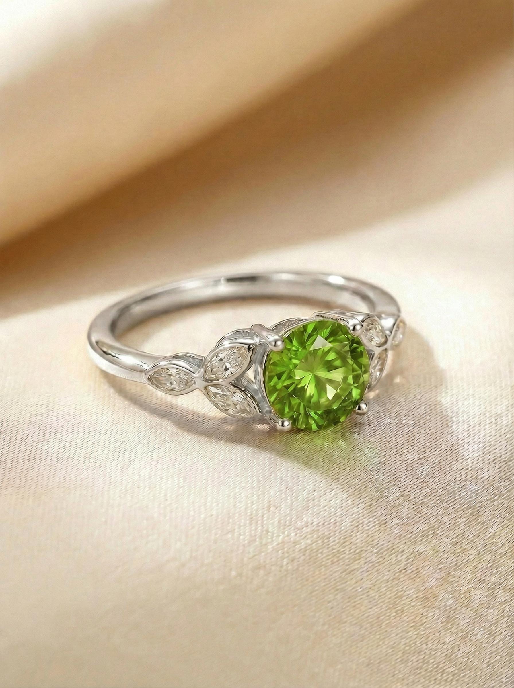 Art Deco Peridot Cluster Engagement Ring, August Birthstone Ring, Round Peridot and Marquise Anniversary Ring, Bridal Promise Ring