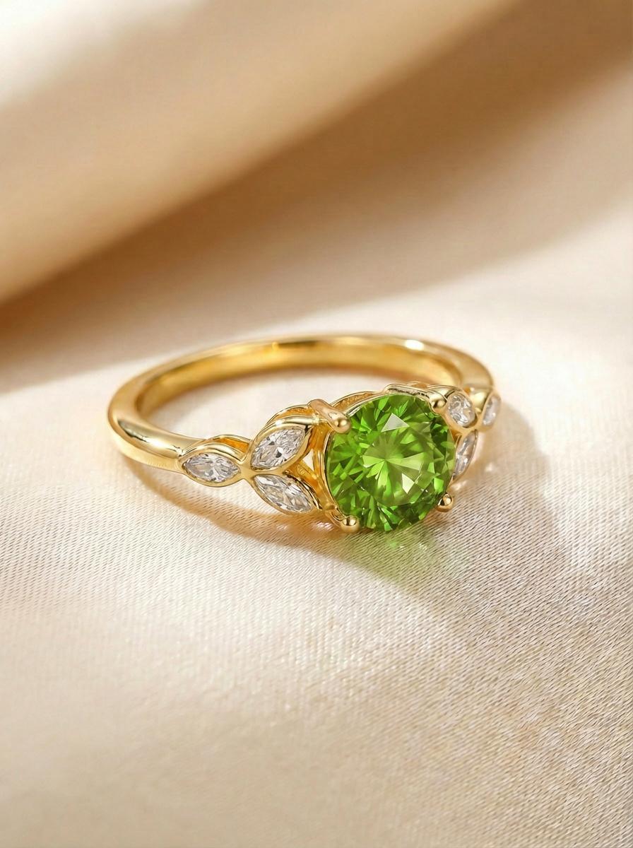 Art Deco Peridot Cluster Engagement Ring, August Birthstone Ring, Round Peridot and Marquise Anniversary Ring, Bridal Promise Ring