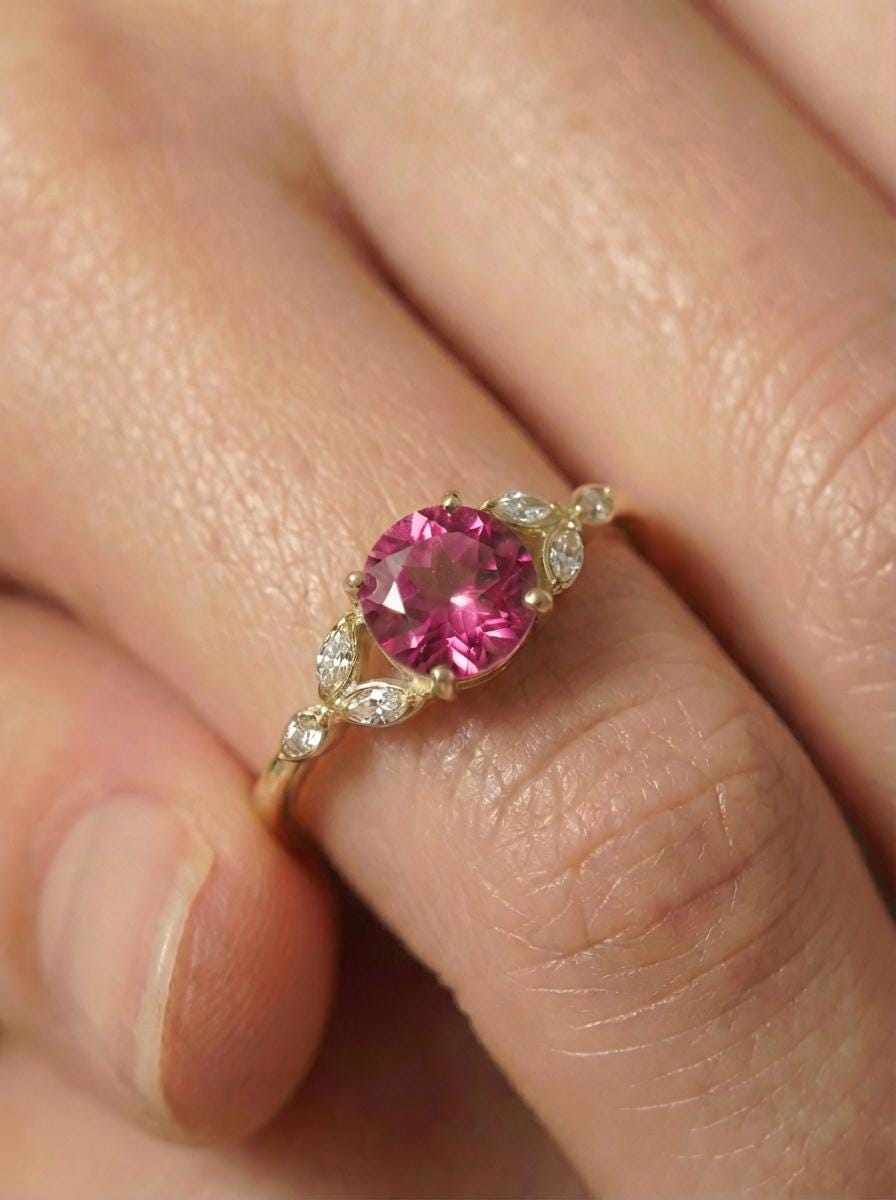 Art Deco Pink Tourmaline Engagement Ring, October Birthstone Cluster Ring, Vintage Bridal Promise Ring, Gift for Her