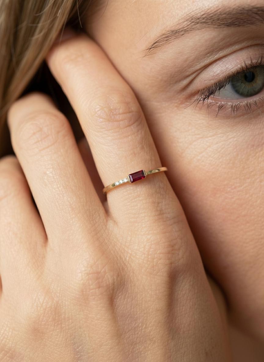 Dainty Baguette Garnet Ring, Minimalist January Birthstone Ring Moissanite