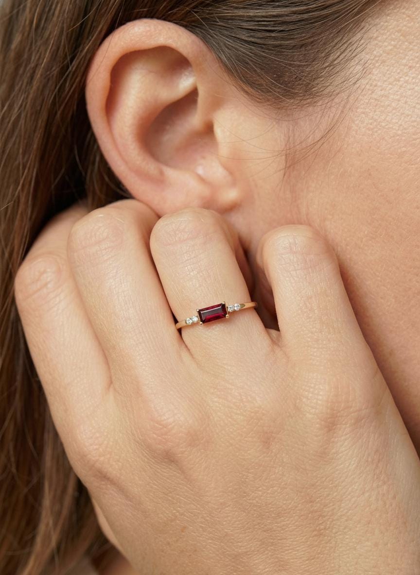 Dainty Baguette Garnet Ring, Minimalist January Birthstone Ring Moissanite