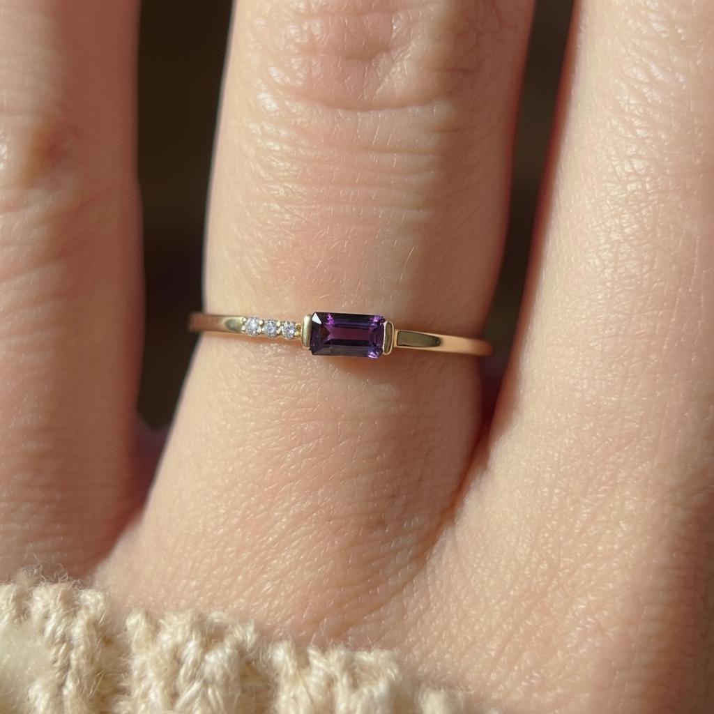 Dainty Baguette Amethyst Ring, Minimalist February Birthstone Ring Personalized Gift for Wife
