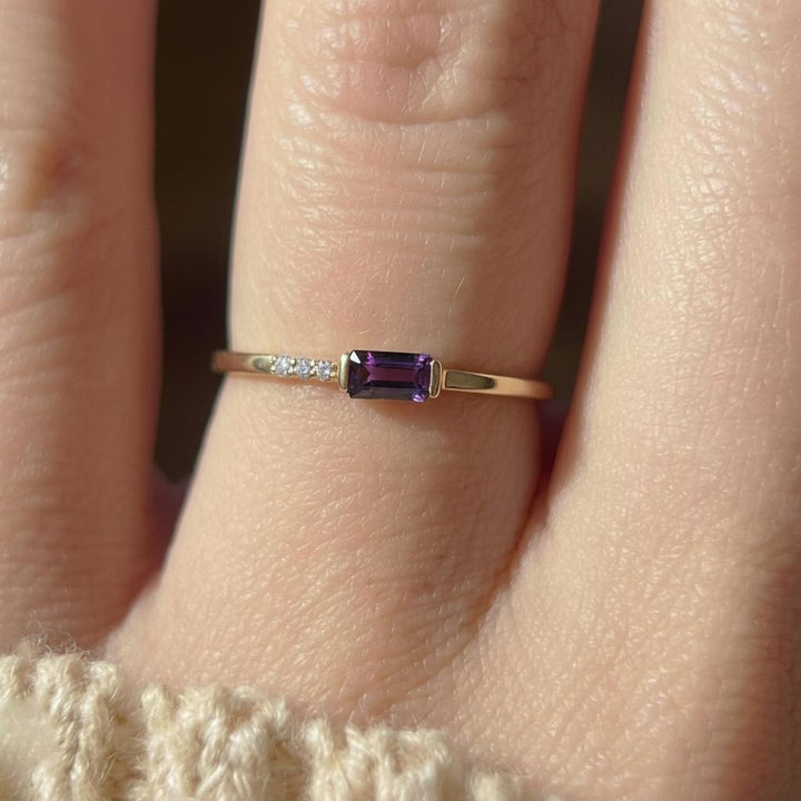 Dainty Baguette Amethyst Ring, Minimalist February Birthstone Ring Personalized Gift for Wife