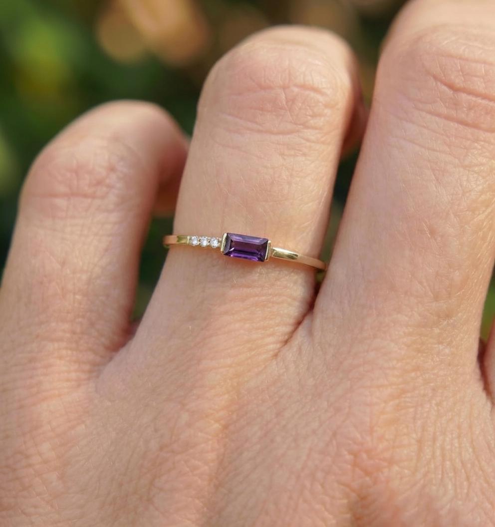 Dainty Baguette Amethyst Ring, Minimalist February Birthstone Ring Personalized Gift for Wife