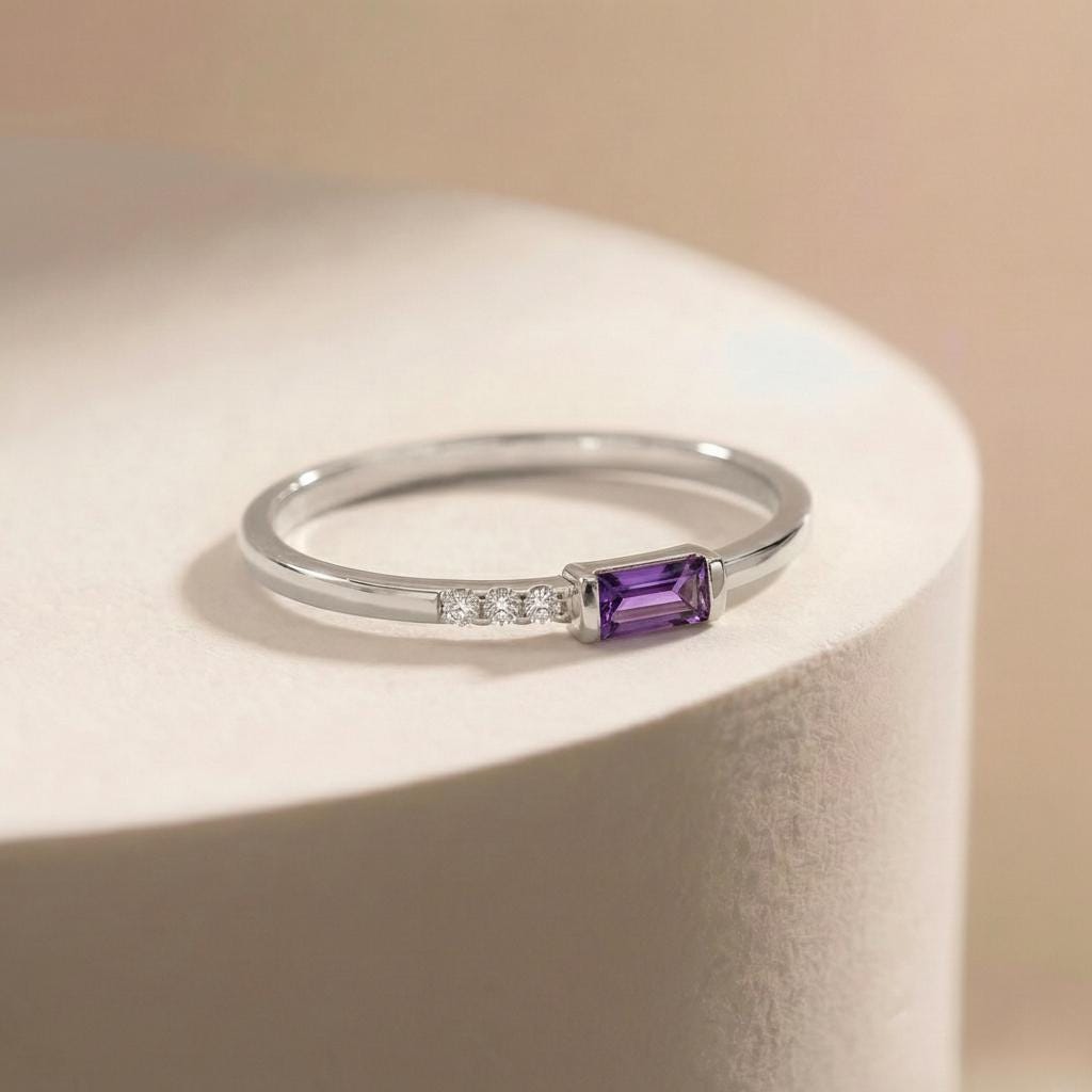 Dainty Baguette Amethyst Ring, Minimalist February Birthstone Ring Personalized Gift for Wife