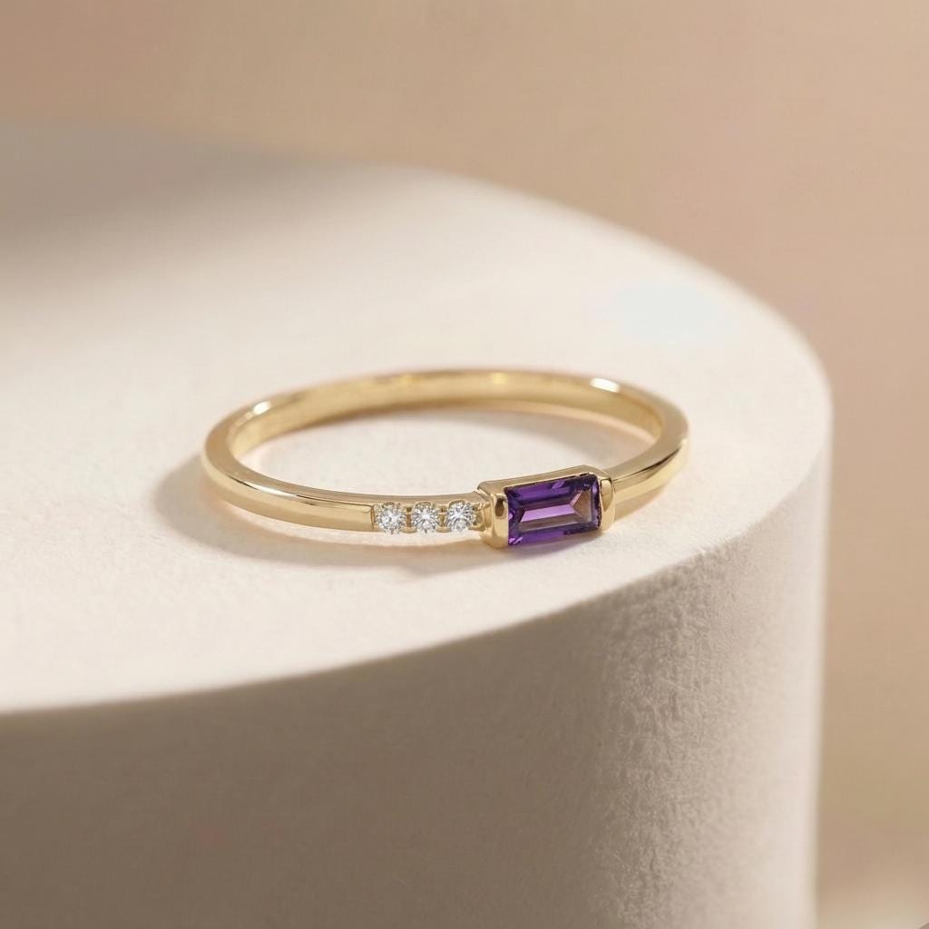 Dainty Baguette Amethyst Ring, Minimalist February Birthstone Ring Personalized Gift for Wife