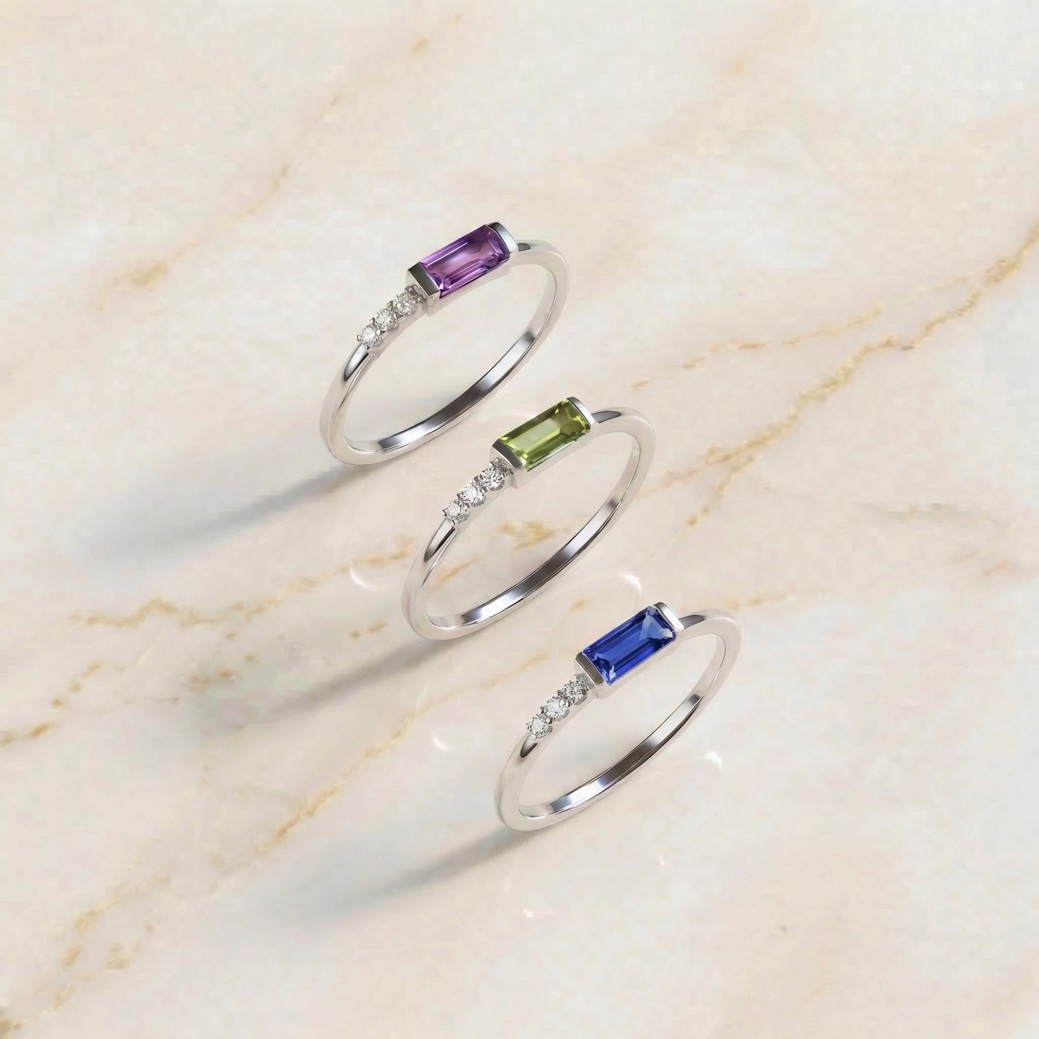 Dainty Baguette Amethyst Ring, Minimalist February Birthstone Ring Personalized Gift for Wife