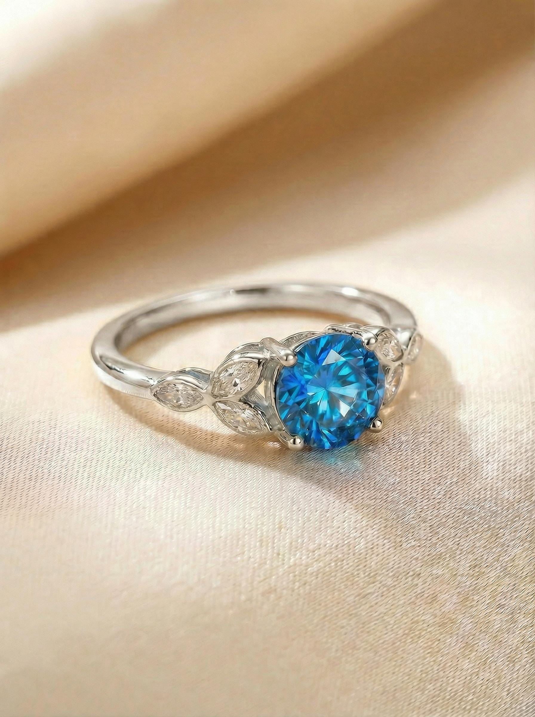 Art Deco Blue Zircon Engagement Ring, December Birthstone Cluster Ring, Vintage Bridal Promise Ring, Anniversary Gift for Her