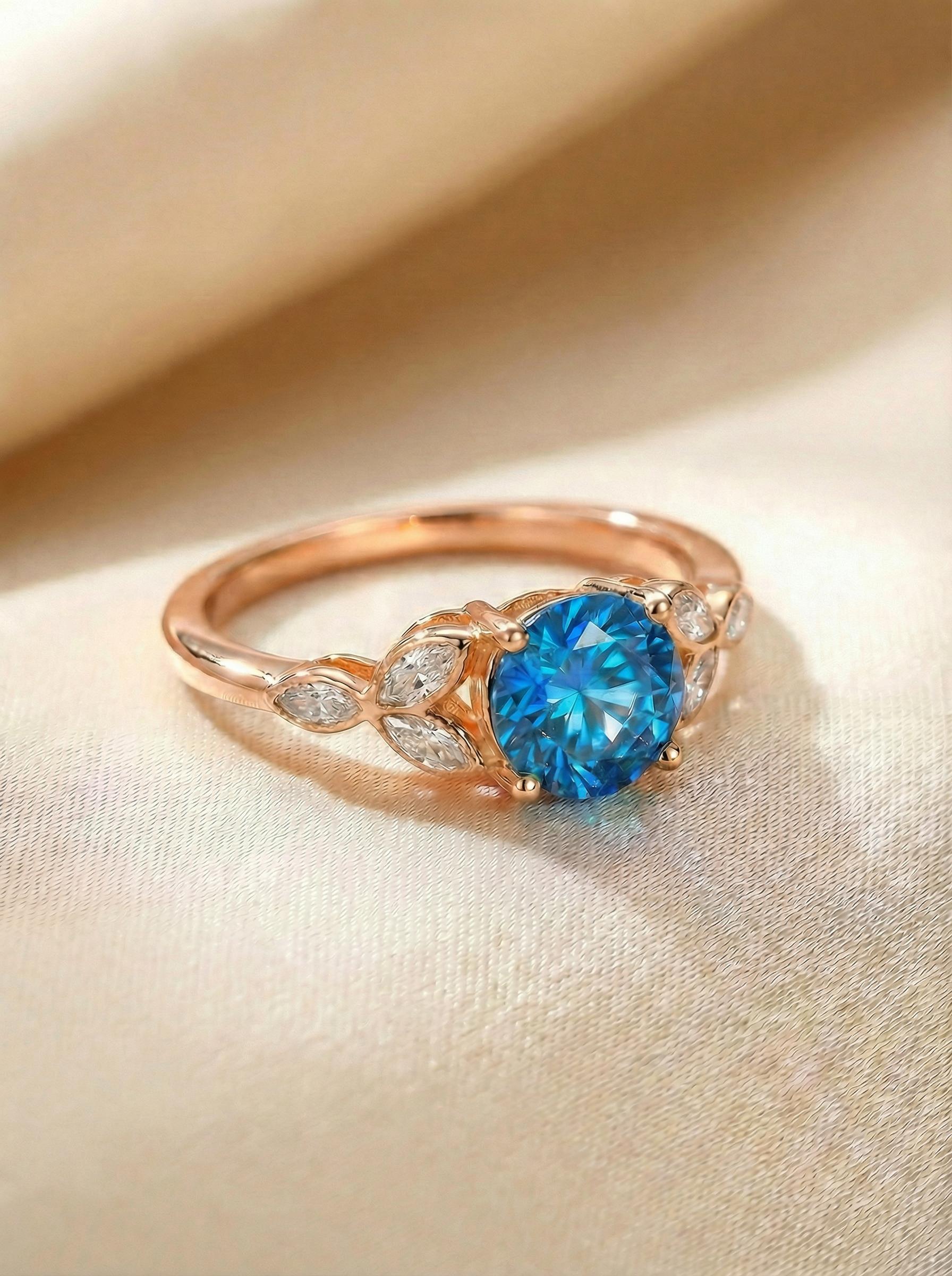 Art Deco Blue Zircon Engagement Ring, December Birthstone Cluster Ring, Vintage Bridal Promise Ring, Anniversary Gift for Her